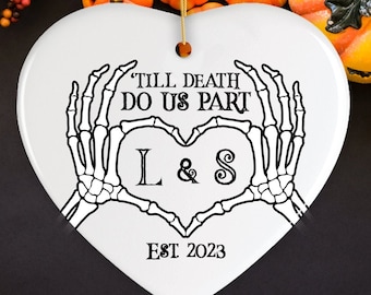 Minimalist Skeleton Couple Personalized Ornament, Spooky Wedding Keepsake Gift