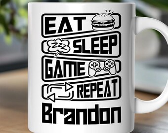 Taza personalizada con el juego Eat Sleep Repeat, regalo divertido para jugadores con nombre personalizado