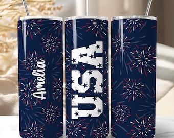 Gobelet personnalisé vintage USA 20 oz avec couvercle et paille en acier inoxydable, feux d'artifice patriotiques pour la fête de l'indépendance