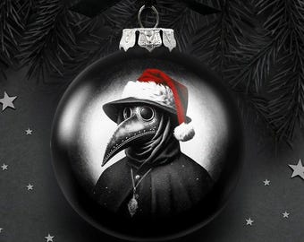 Plague Doctor Christmas Spooky Portrait Glass Ornament, Black Horror Halloween Tree Decoration