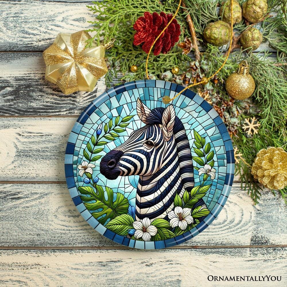 ゼブラストライプサファリステンドグラス風セラミックオーナメント