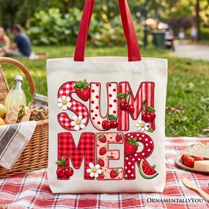 Strawberry Cherry Printed Faux Patchwork Tote Bag, Summer Fruit Picnic Gift Shopper