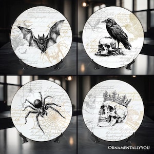 Gothic Elegance Set of 4 Plates with Real Gold Trim, Halloween Tableware Collection for Salad, Dessert, Appetizer, and Side Plates