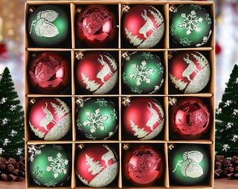 Majestic Winterly Nature Glittered Ornament Bauble Set, Red and Green Balls Bundle with Acorns, Snowflakes, and Spruce Tree Accents