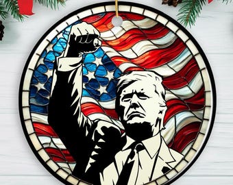 Trump z podniesioną pięścią, witrażowa ozdoba świąteczna, pamiątka z okazji amerykańskiej dumy