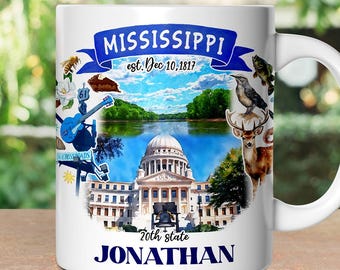 Caneca personalizada com temas e marcos artísticos do estado do Mississippi com nome personalizado