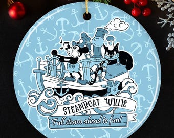 Enfeite com citação divertida a todo vapor, presente de Natal nostálgico do Steamboat Willie