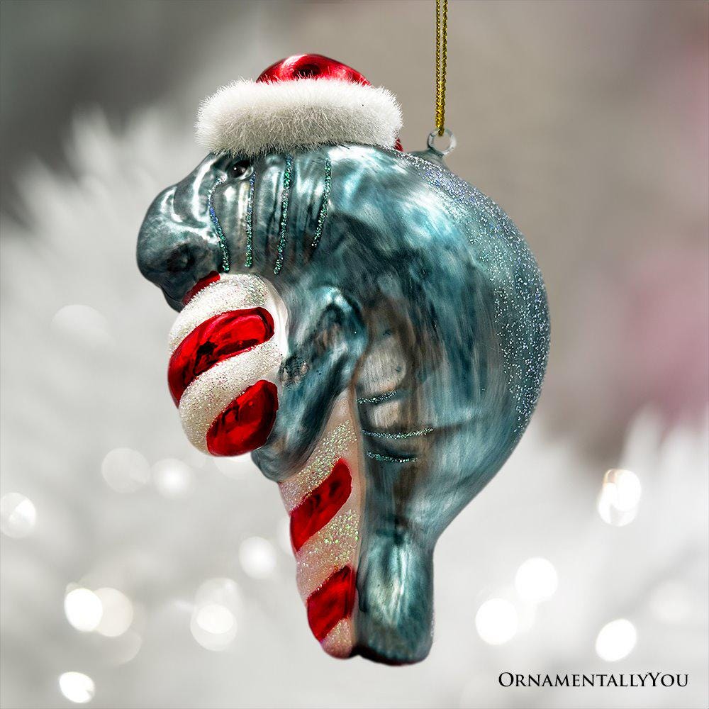 Aquatic Manatee Glass Christmas Ornament, Sea Cow Coastal Ocean Animal
