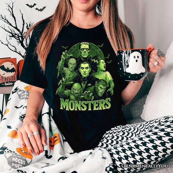 グリーンのレトロモンスターTシャツ、ヴィンテージクラシックホラー