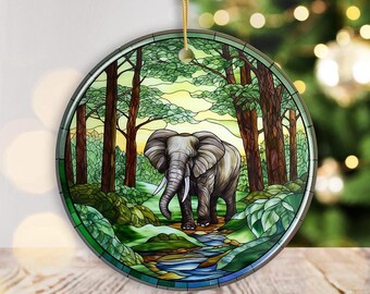 Gentle Giants Elephant Stained Glass Style Ceramic Ornament, African Animals Christmas Gift and Decor