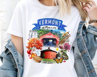 Artistic Vermont State Themes and Landmarks T-Shirt, Tee for History and Travel Lovers
