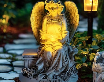 Guardian Angel Reading Book Garden Statue, 10" Solar Powered Angelic Outdoor Figurine