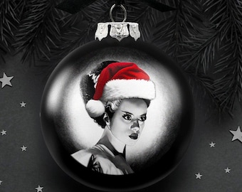 Frankenstein's Bride Christmas Spooky Portrait Glass Ornament, Black Horror Halloween Tree Decoration