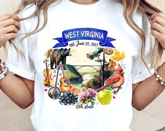 Artistic West Virginia State Themes and Landmarks T-Shirt, Tee for History and Travel Lovers