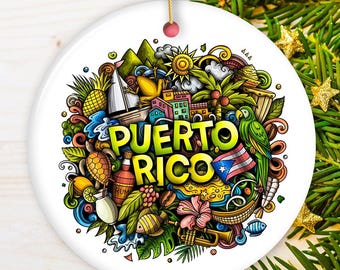Puerto Rico Symbols Graphic Art on Ceramic Ornament, Rican Culture Christmas Gift