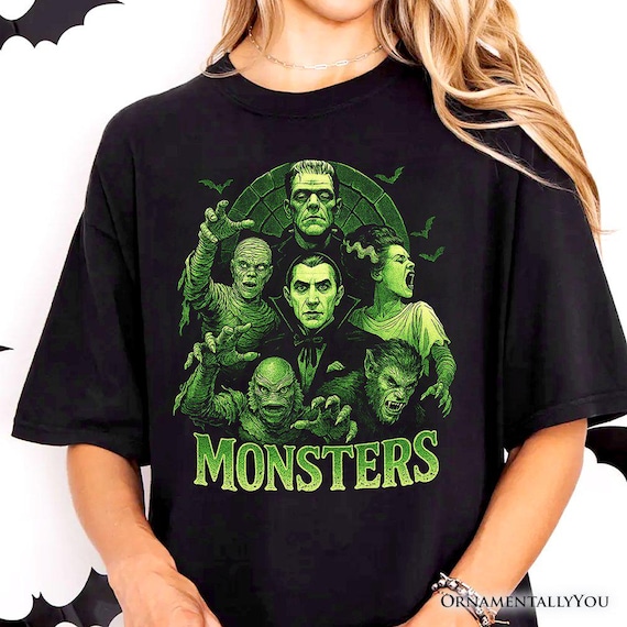 グリーンのレトロモンスターTシャツ、ヴィンテージクラシックホラー