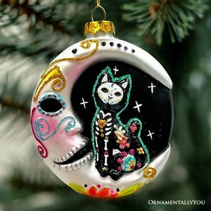 Adorno folclórico de calavera de azúcar de gato siamés de cristal, decoración de Halloween con luna creciente celestial