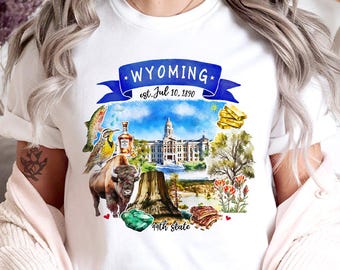 Artistic Wyoming State Themes and Landmarks T-Shirt, Tee for History and Travel Lovers