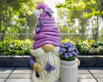 Garden Grace Lavender Gnome Figurine, 10" Purple Home Decor Statue with Butterflies and Flowers