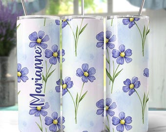 Vaso personalizado de 590 ml con tapa y pajita de acero inoxidable, diseño floral en tonos pastel, color azul delicado.