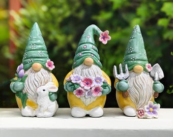 Garden Guardians Set of Three 6" Gardening Gnome Figurines, Floral Green and Yellow Statue Decor
