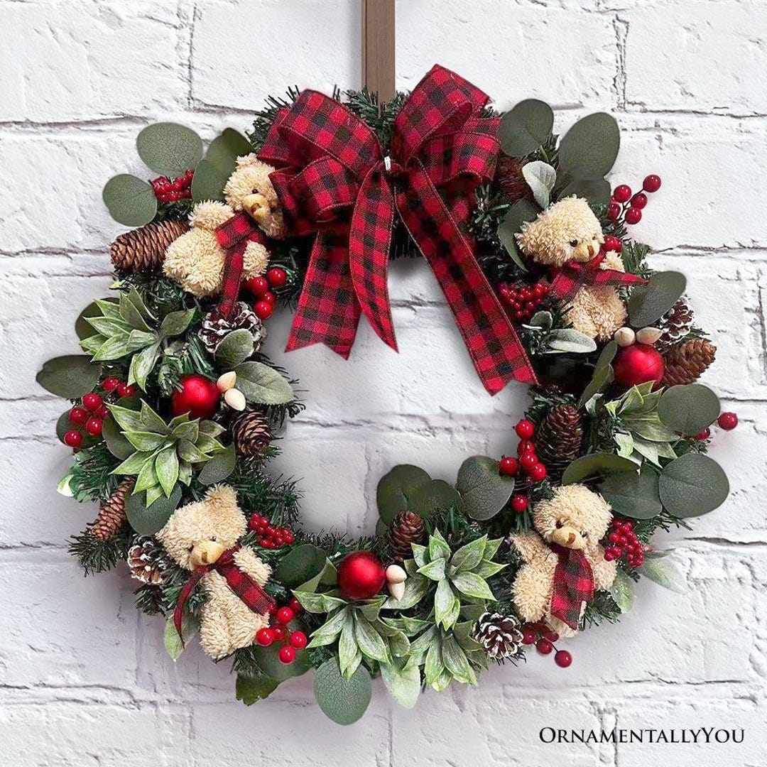 Exquisite Plaid Bow and Bears 20 Christmas Wreath, Holiday Door Decoration