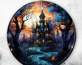 Dark and Gloomy Haunted House Stained Glass Style Ceramic Ornament, Halloween Themed Christmas Gift and Decor