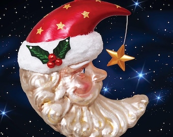 Adorno navideño de vidrio de Papá Noel con luna creciente celestial