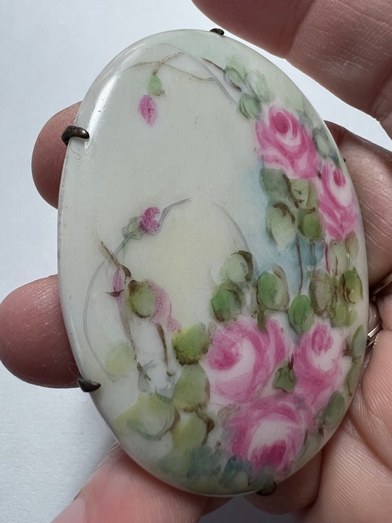 Antique Porcelain Floral Brooch, Hand Painted Ros… - image 2
