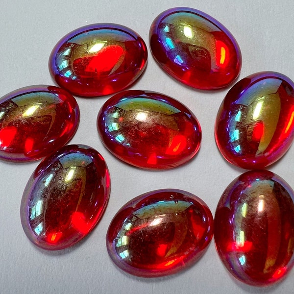 8 Vintage Oval Red Glass Cabochons 18mm x 13mm with AB finish, Aurora Borealis, Jewelry Making Supplies, Vintage Cabochons