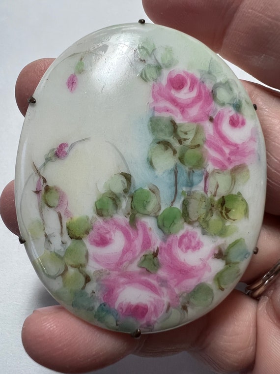 Antique Porcelain Floral Brooch, Hand Painted Ros… - image 1