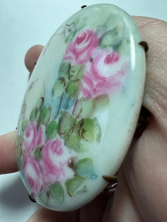 Antique Porcelain Floral Brooch, Hand Painted Ros… - image 3