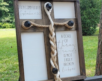 Rustic Wedding Unity Sign: Cord of Three Strands Cross, Personalized