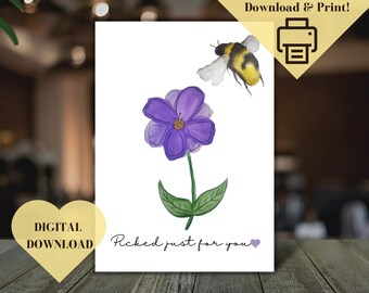 Printable Card Template, Flower Card, Bumble Bee Card, Hand Painted Flower Card, Purple Flower, Picked Flowers for Mom, Instant Download