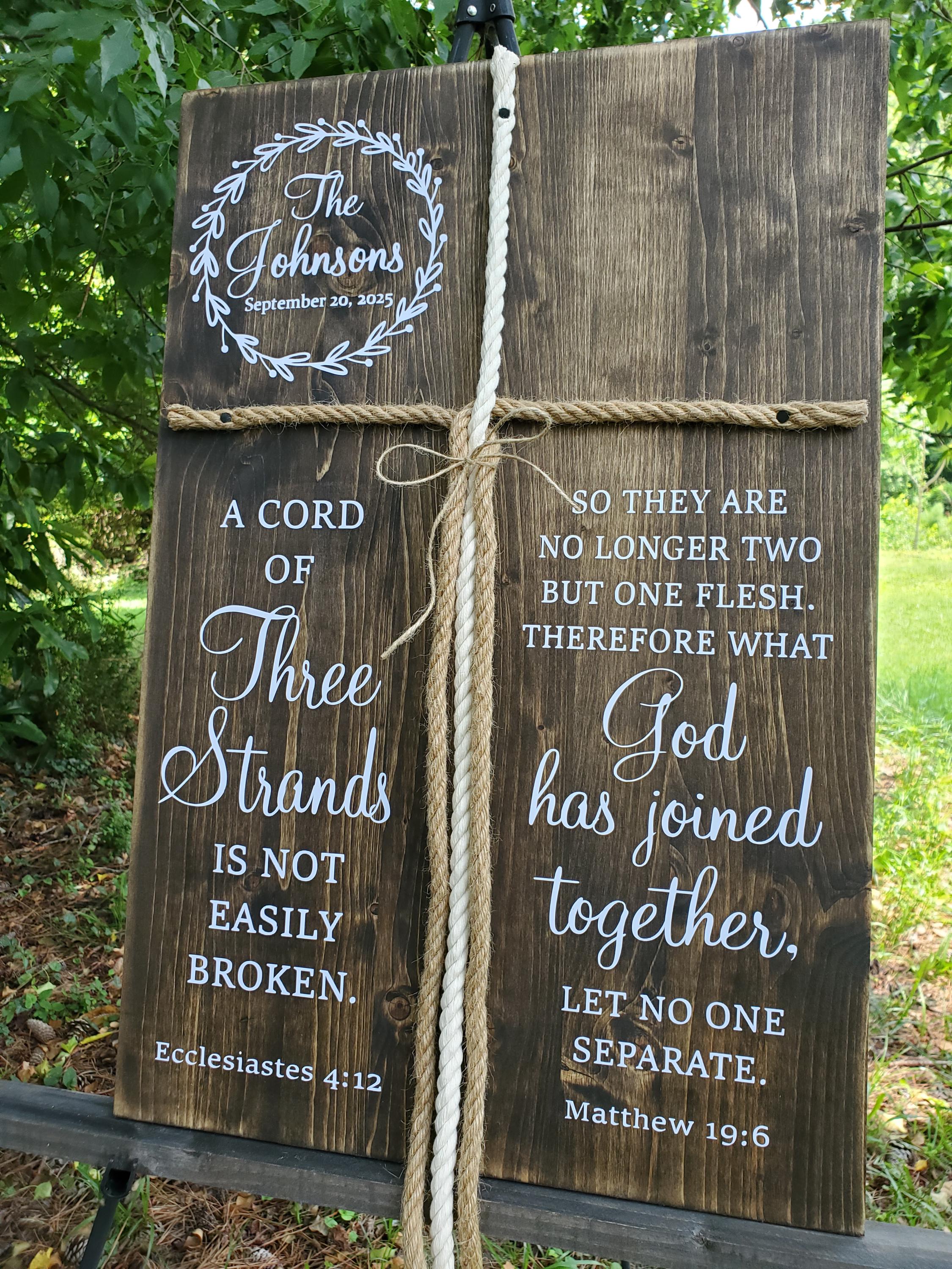 A Cord Of Three Strands What God Has Joined Together 3 Cords Unity Wedding Sign Rustic