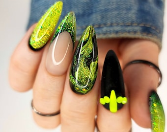 Black and Neon Press On Nails, Hard Gel Press Ons, Luxury Custom Nails Swarovski Bling Nails