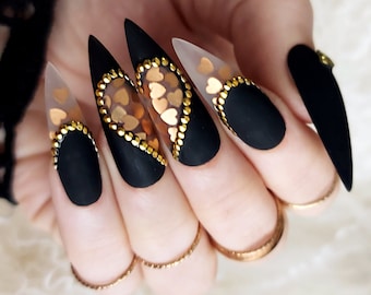 Valentine's Day Nails, Matte Black and Gold Press On Nails Hard Gel