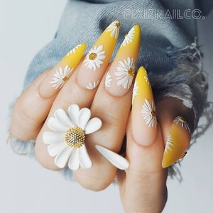 Yellow Ombre Daisy Press on Nails, Sculpted Hard Gel Press Ons, Luxury ...