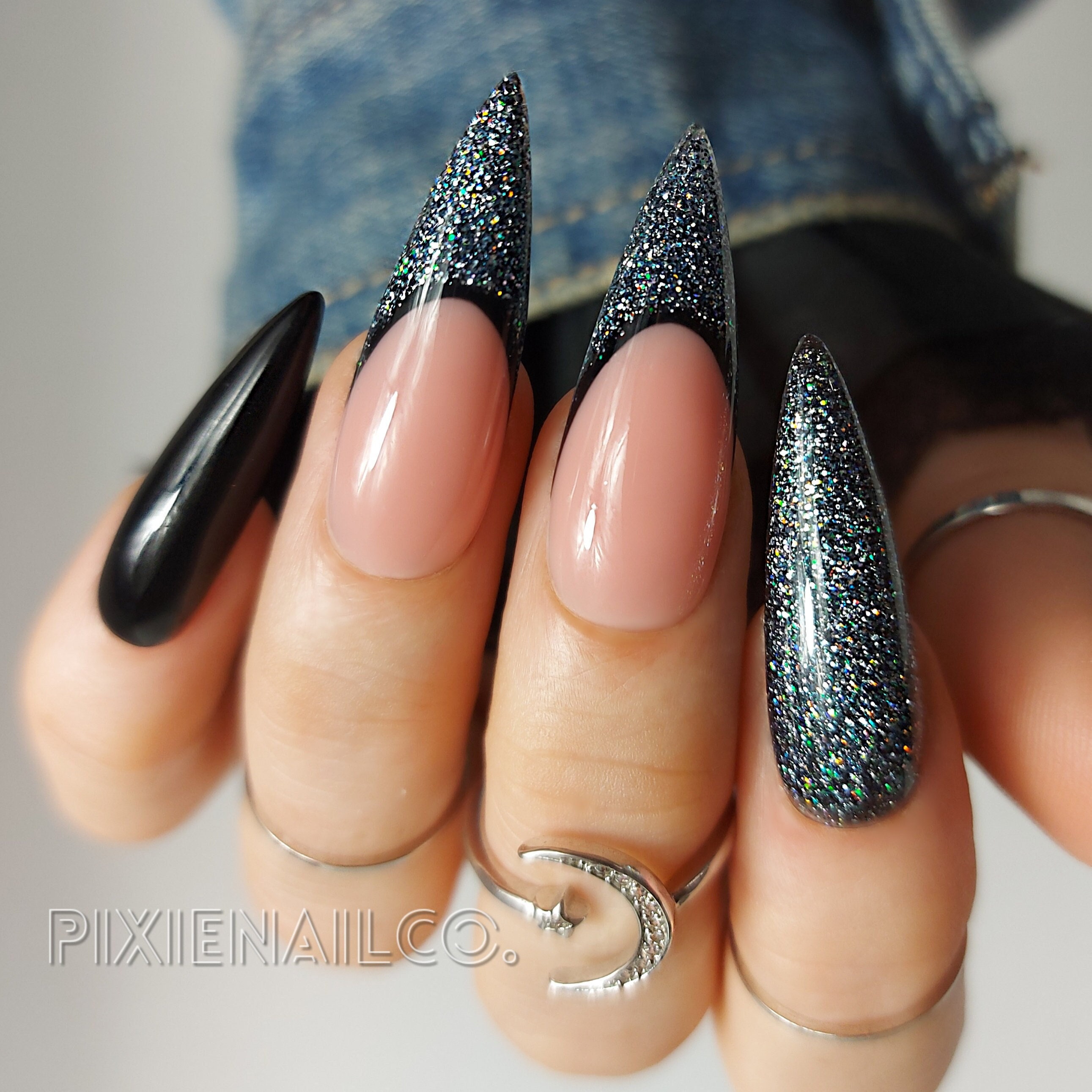 Black And Halo Silver Glitter French Tip Press On Nails Hard - Etsy Uk