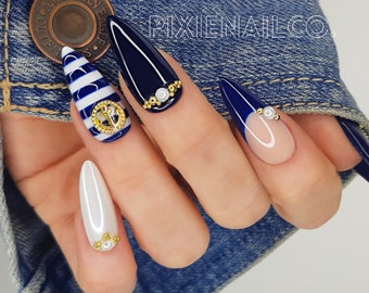 Nautical Press On Nails, Sailor Nails, Hard Gel Press Ons, Apres Nails