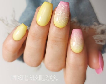 Pink & Yellow Ombre Hard Gel Press On Nails, Apres Press Ons, Summer Nails
