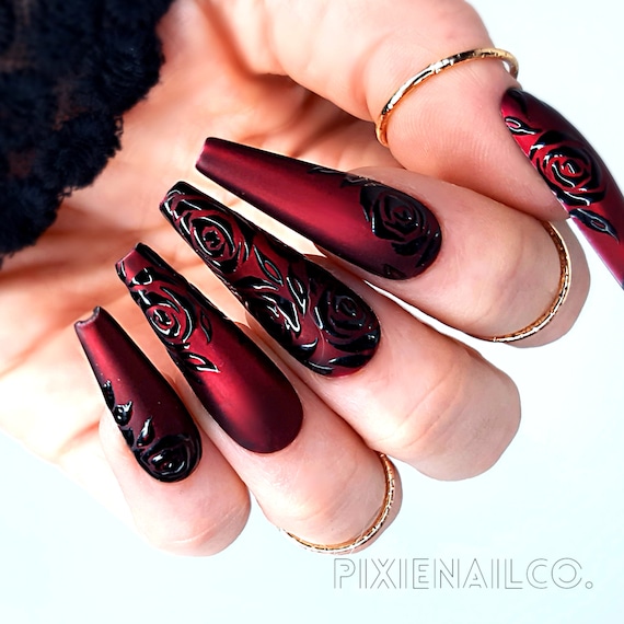 Handmade Red and Gold Matte Nails with Rhinestones