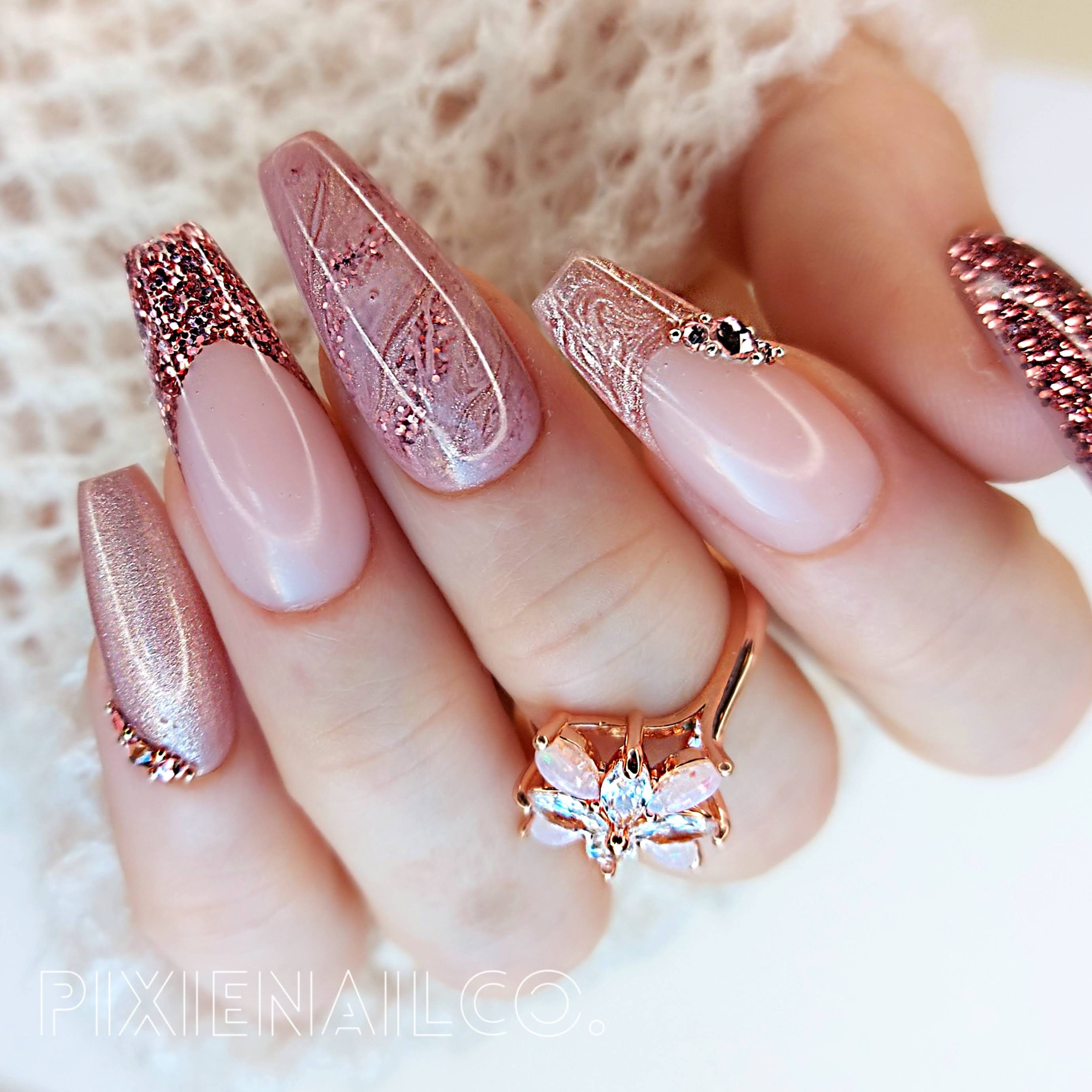 Press On Nails Swarovski Nails Rose Gold Glitter y Marble - Etsy España