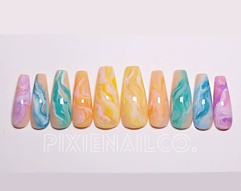 Ready to Ship Size Large Summer Swirl Long Coffin Press On Nails, Luxury Apres Press Ons, Marble Nails Sculpted Hard Gel