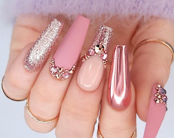 Press On Nails Matte Pink with Rose Gold Chrome and Swarovski Crystals Luxury Custom Nails, Apres Nails