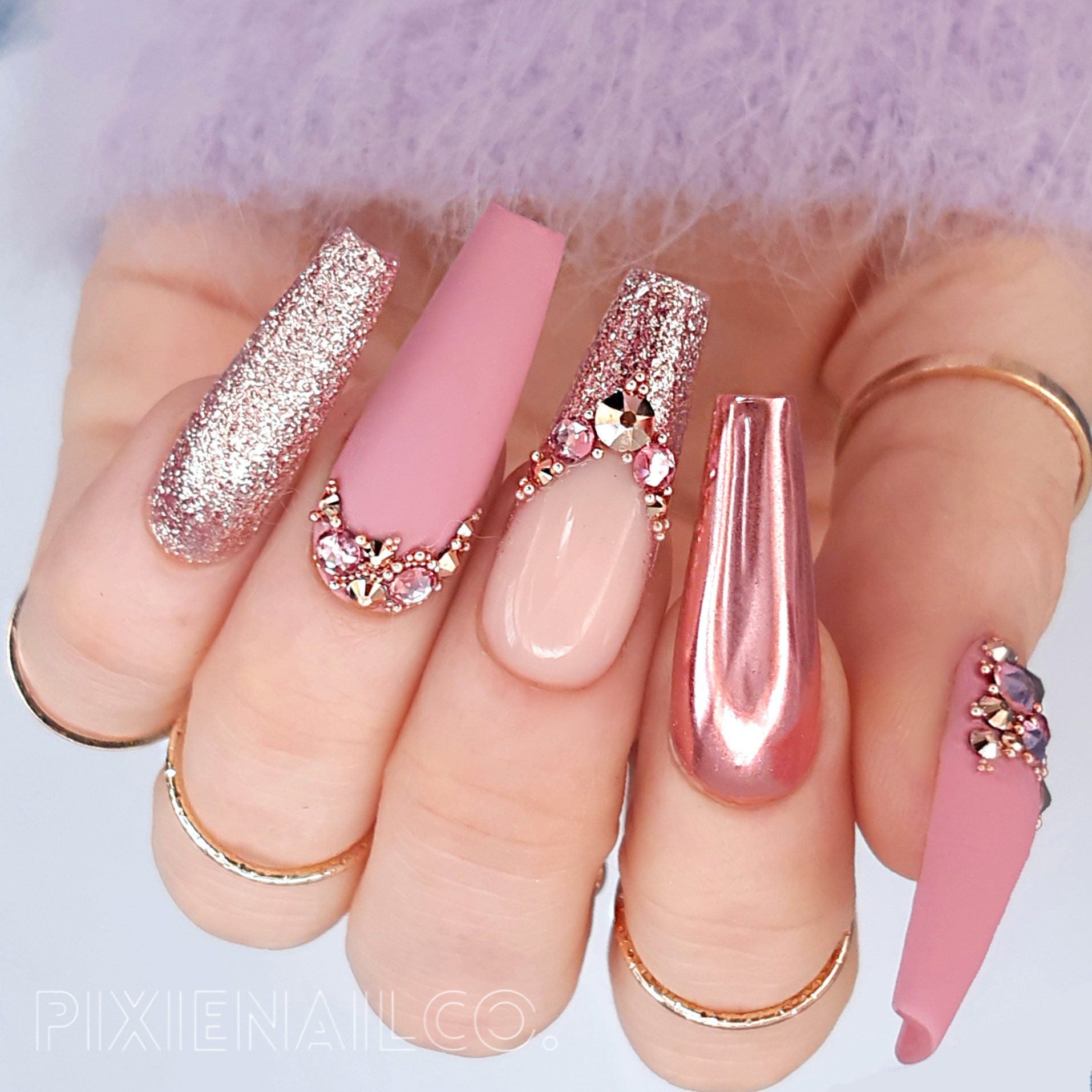 Press on Nails Matte Pink With Rose Gold Chrome and Swarovski - Etsy