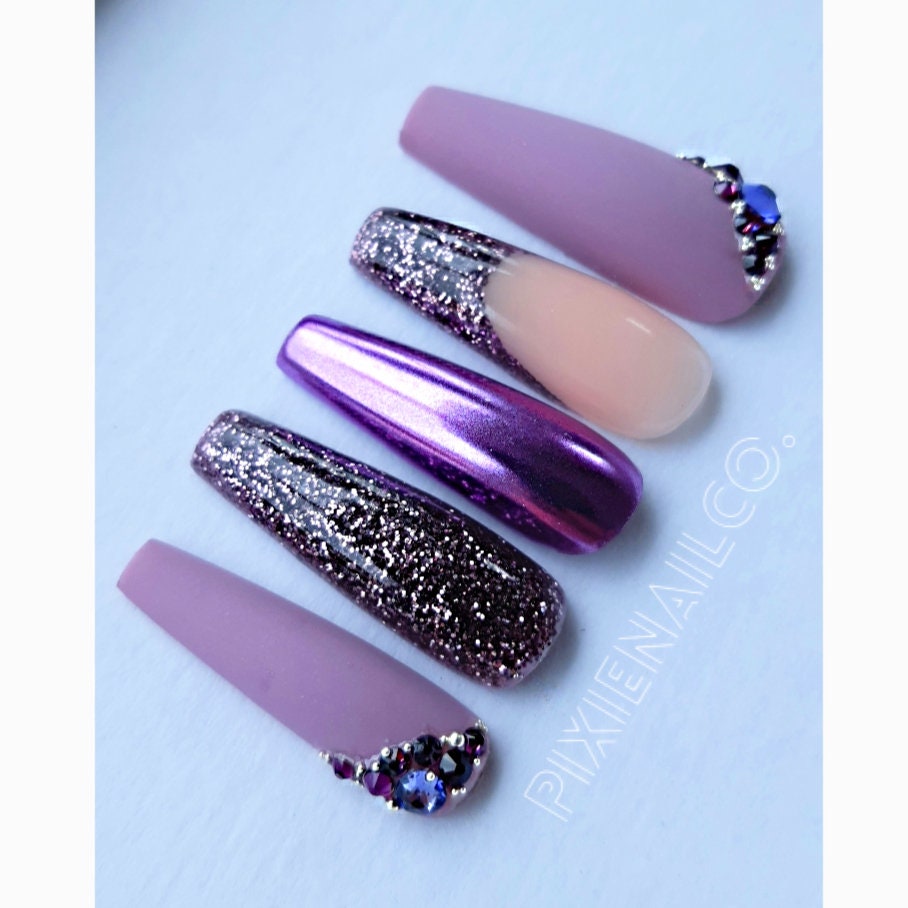 Purple Chrome Glitter Matte Swarovski Press Ons, Hard Gel ...