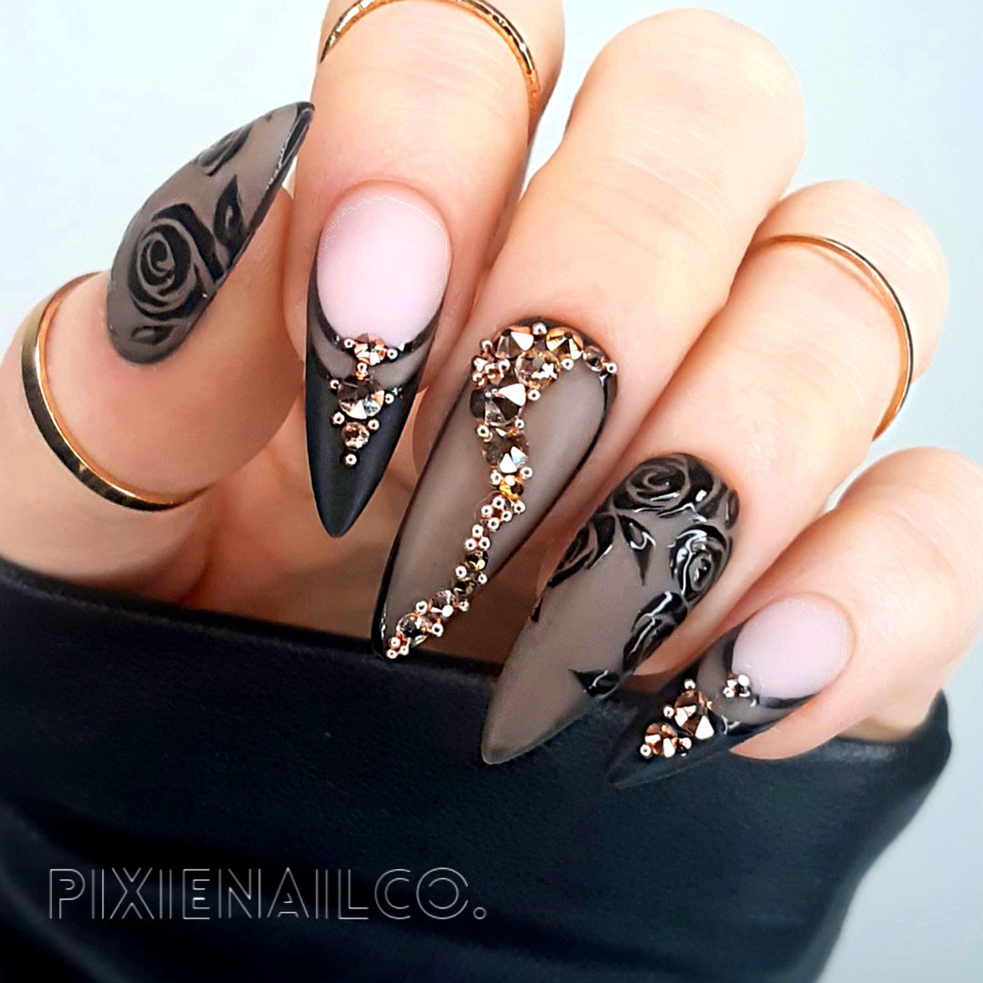 Press on Nails, Apres Nails, Black Gold and Swarovski Nails, Hard Gel