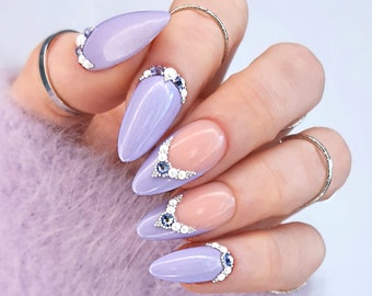 Lavender Swarovski Press On Nails, Hard Gel Press Ons, Luxury Custom Nails, Apres Nails