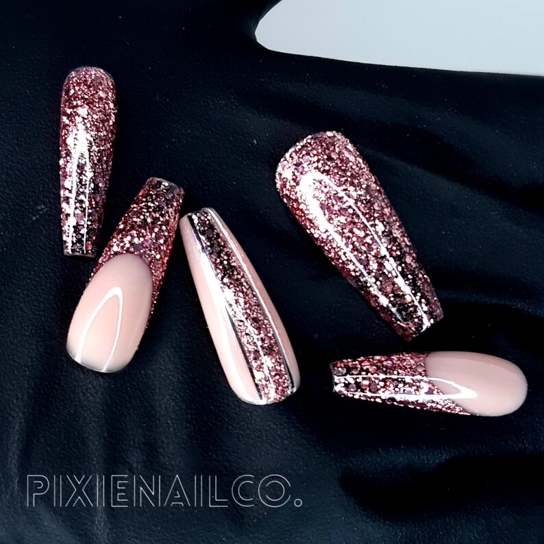 Press on Nails Pink Champange Glitter Hard Gel Press Ons Etsy